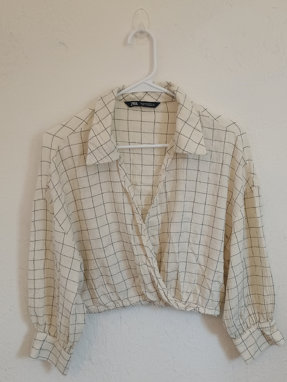Zara Cream Windowpane Wrap Crop Shirt